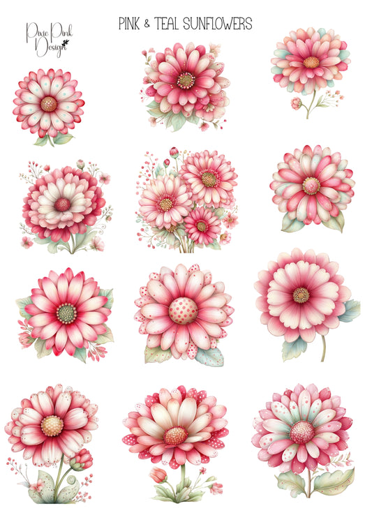 *TANGIBLE* Pink & Teal Sunflowers Sticker Sheet