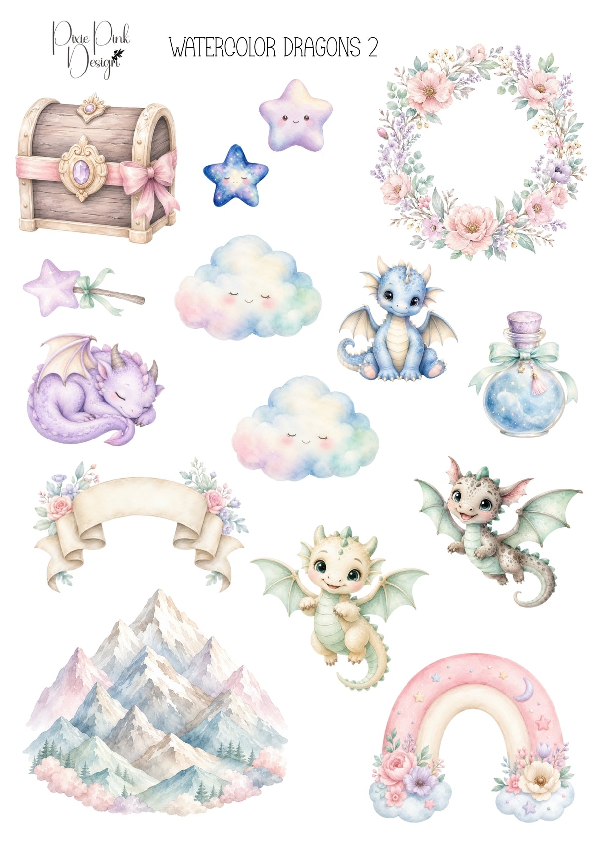 *PRINTABLE* Watercolor Dragons 2 Sticker Sheet – Pixie Pink Designs